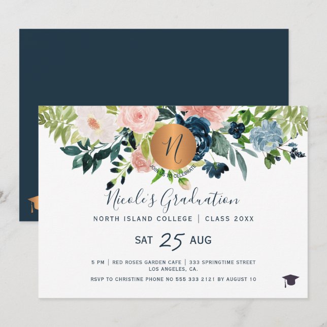 Modern elegant floral gold navy graduation party invitation (Front/Back)