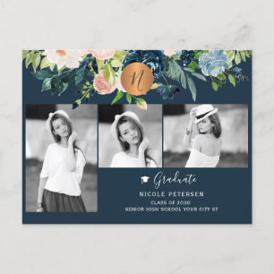 Modern elegant floral graduation photo collage announcement postcard