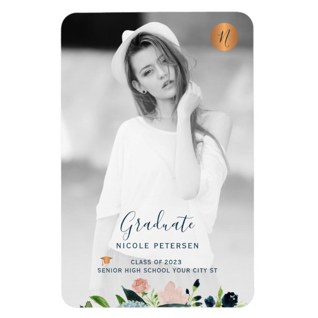 Modern elegant floral graduation photo overlay magnet (Vertical)