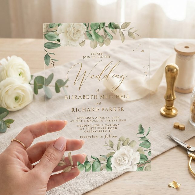 Modern Elegant Floral Greenery Wedding Acrylic Invitations (Creator Uploaded)