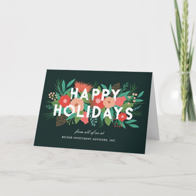 Modern Elegant Floral Happy Holidays Corporate Holiday Card (Front)
