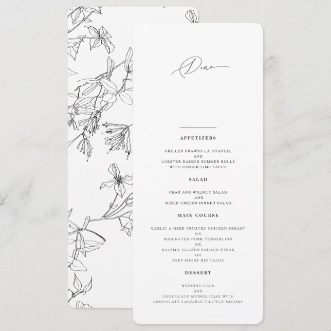 Modern Elegant Floral Line Art Wedding  Menu (Front/Back)