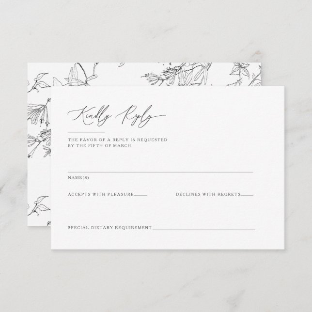 Modern Elegant Floral Line Art Wedding RSVP Card (Front/Back)