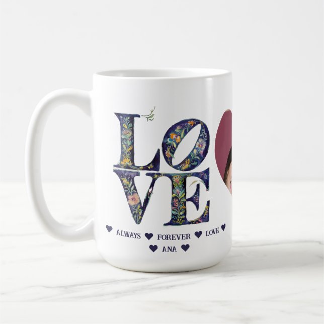 Modern Elegant Floral LOVE HEART PHOTO Coffee Mug (Left)