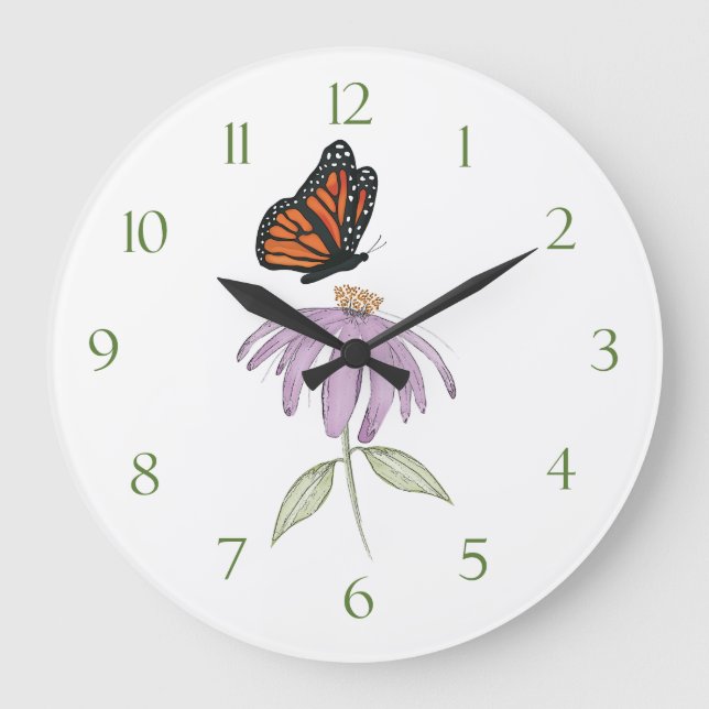 Modern Elegant Floral Minimalist Butterfly Simple Large Clock (Front)