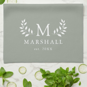 Modern Elegant Floral Monogram Family Name Tea Towel