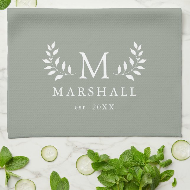 Modern Elegant Floral Monogram Family Name Tea Towel (Folded)