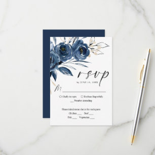 Modern Elegant Floral Navy Blue Script Wedding RSVP Card