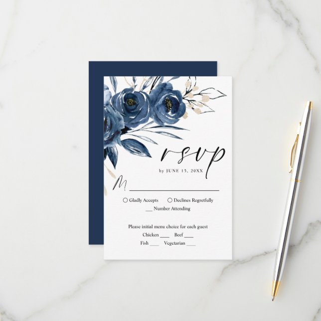 Modern Elegant Floral Navy Blue Script Wedding RSVP Card (Front/Back In Situ)