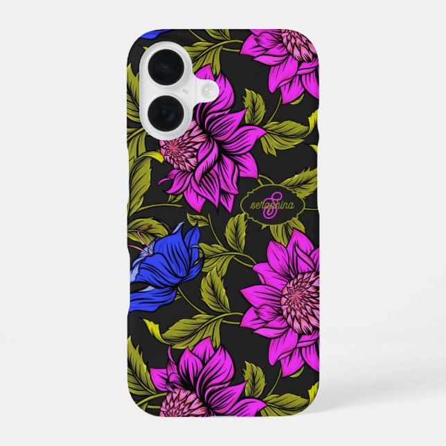 Modern Elegant Floral Pattern Monogram iPhone 16 Case (Back)