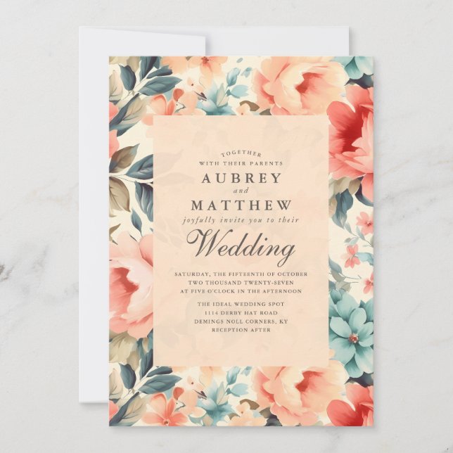 Modern Elegant Floral Peach & Teal Wedding Invitation (Front)