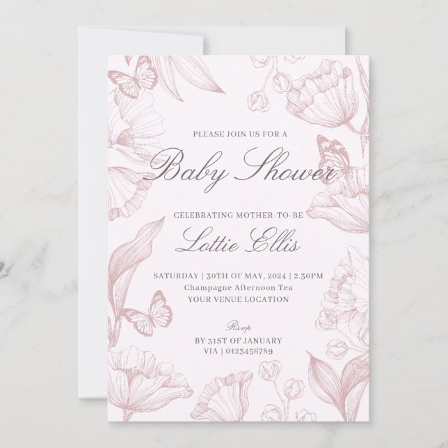 Modern Elegant Floral Pink Boho Girl Baby Shower Invitation (Front)