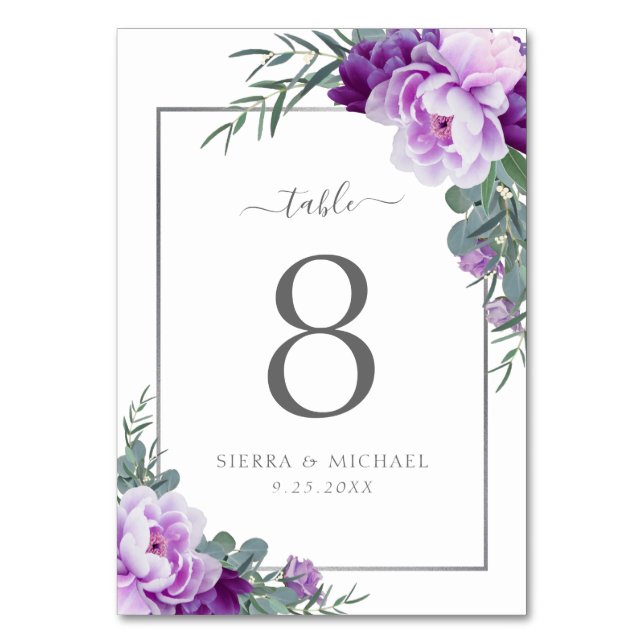 Modern Elegant Floral Purple & Silver Wedding Table Number (Front)