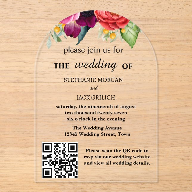 Modern Elegant Floral QR Code Budget Wedding Acrylic Invitations (Front)