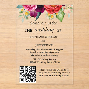 Modern Elegant Floral QR Code Budget Wedding Acrylic Invitations