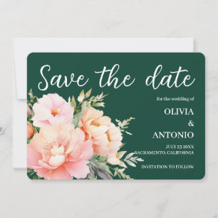 Modern Elegant  Floral Watercolor Peony Emerald Save The Date