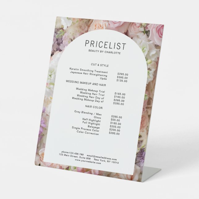 Modern,  elegant flowers, arch price list pedestal sign (Front)