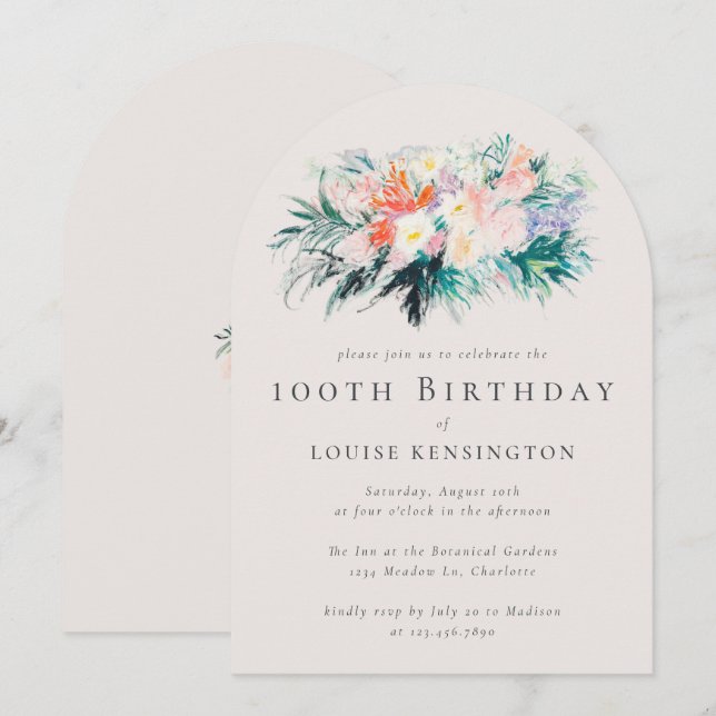 Modern Elegant Flowers Bouquet 100th Birthday Invitation (Front/Back)