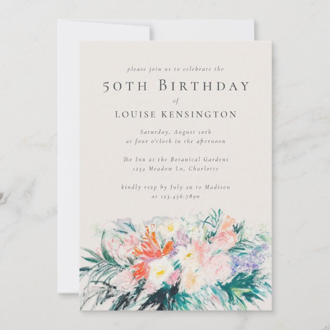 Modern Elegant Flowers Bouquet 50th Birthday Invit Invitation (Front)