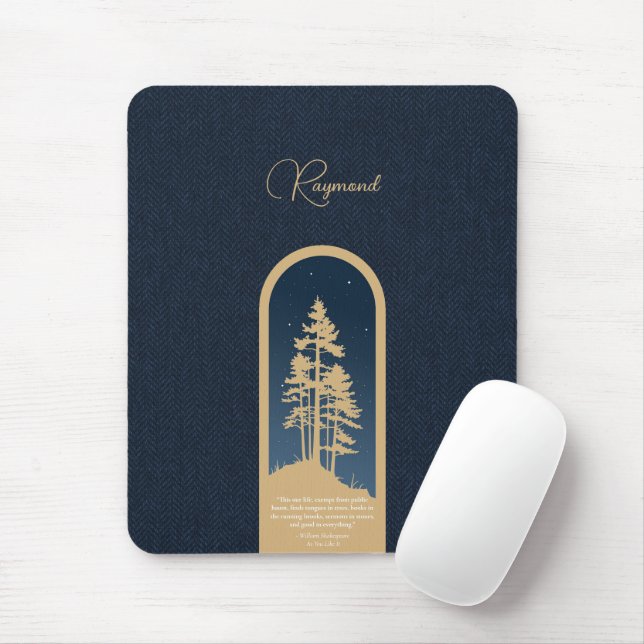 Modern Elegant Forest Gold Deep Blue Script Quote Mouse Mat (With Mouse)