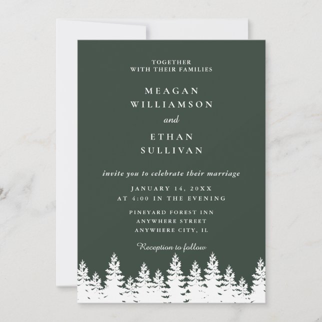 Modern Elegant Forest Green White Winter Wedding  Invitation (Front)