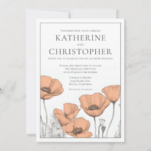 Modern Elegant Formal Peach Poppies Floral Wedding Invitation