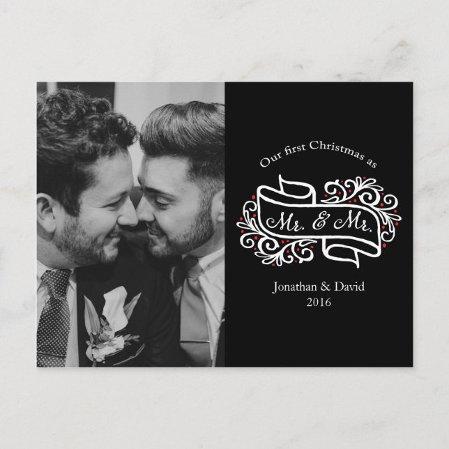 Modern Elegant Gay Newlywed Christmas Photo Postcard (Front)