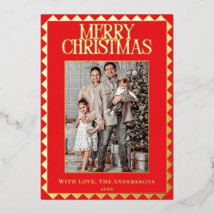 Modern Elegant Geometric Border Photo Christmas Foil Holiday Card