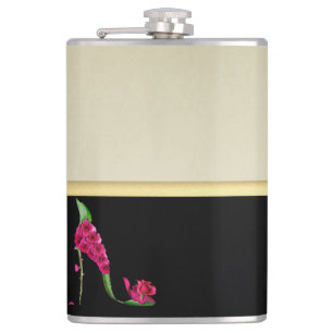 Modern Elegant Girly, Black, Cream,Flower Heel Hip Flask