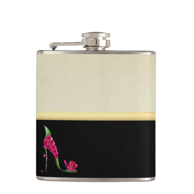 Modern Elegant Girly, Black, Cream,Flower Heel Hip Flask (Front)