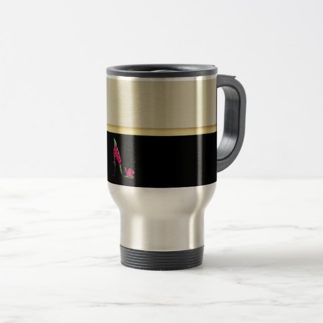 Modern Elegant Girly, Black, Cream,Flower Heel Travel Mug (Front Right)