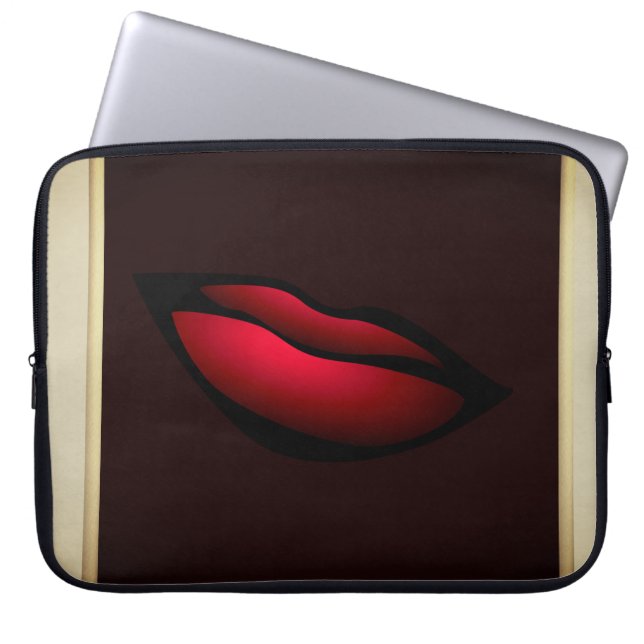 Modern Elegant Girly, Black, Cream, Red Lips Laptop Sleeve (Front)