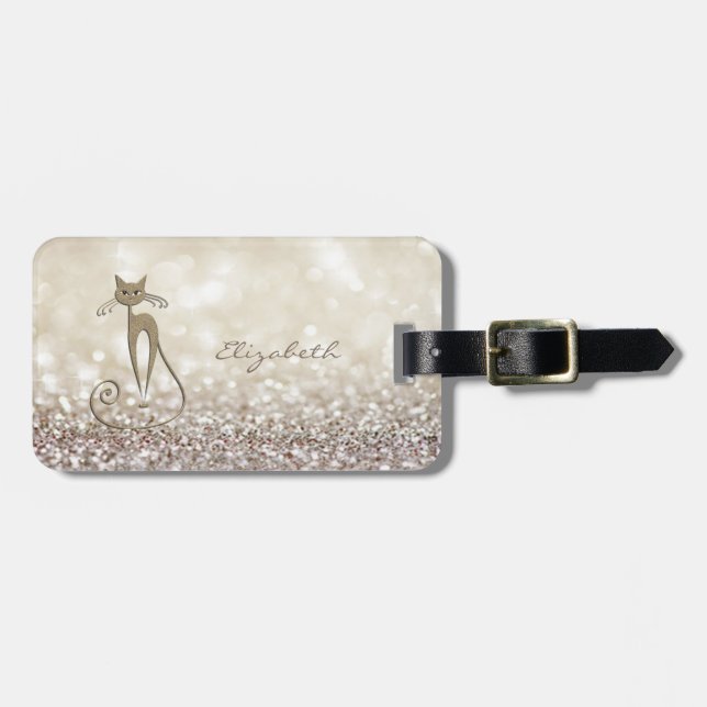 Modern Elegant Girly,  Glittery,Bokeh ,Cat Luggage Tag (Front Horizontal)