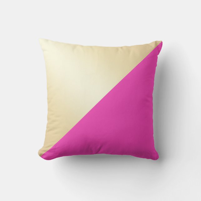 Modern elegant girly hot pink & gold colour block cushion (Front)