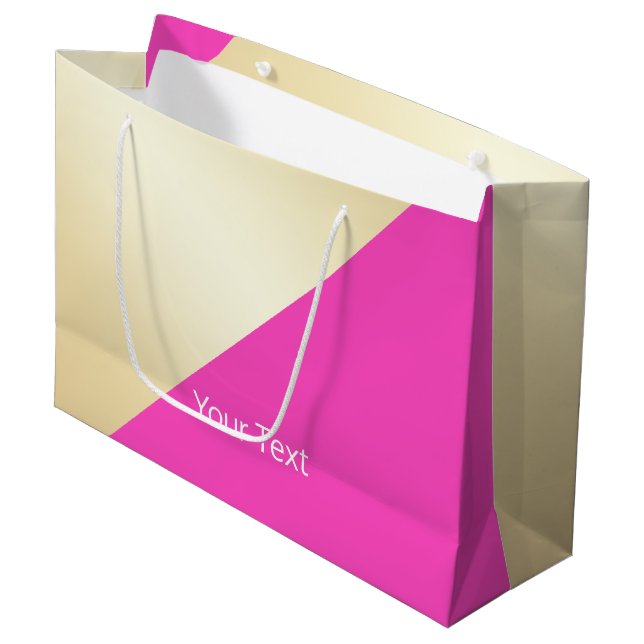 Modern elegant girly hot pink & gold colour block large gift bag (Front Angled)