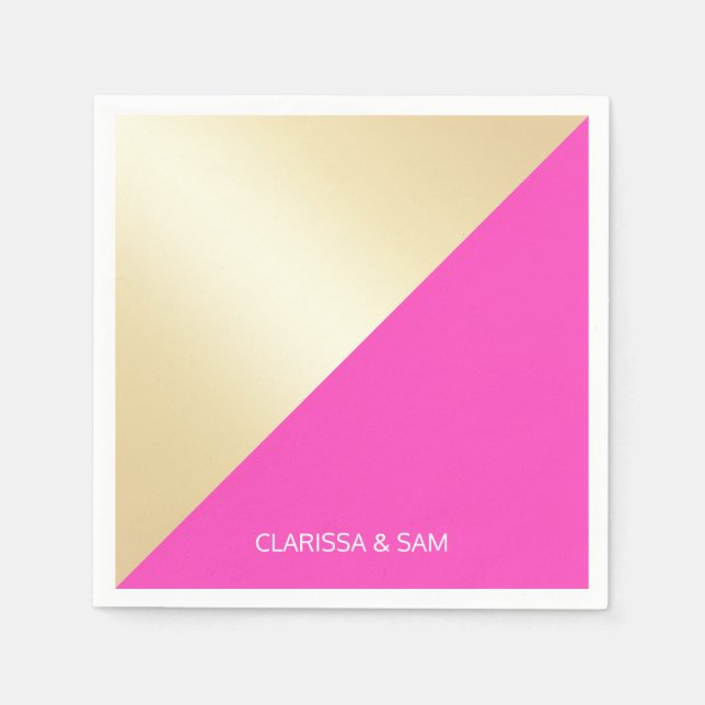 Modern elegant girly hot pink & gold colour block napkin (Front)