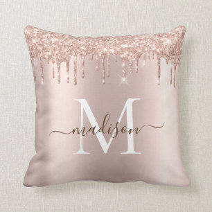 Modern Elegant Girly Rose Gold Glitter Monogram Cushion