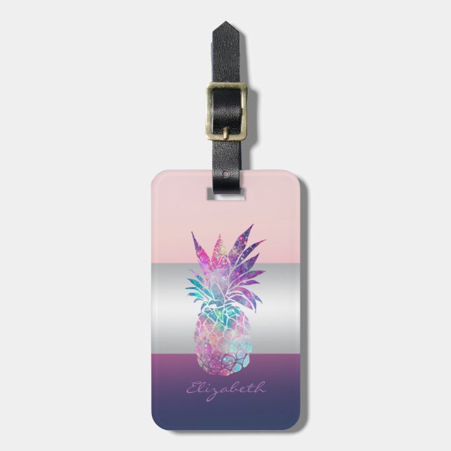 Modern Elegant Girly Stripe, Pineapple Luggage Tag (Front Vertical)