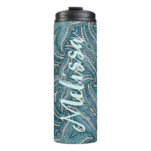 Modern Elegant Girly Turquoise Swirl Custom Name Thermal Tumbler