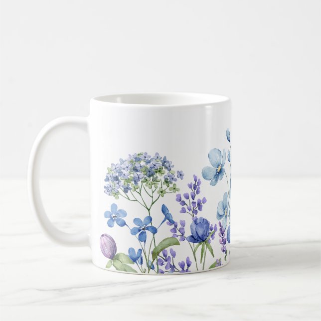 Modern Elegant girly wildflower Blue watercolor  Coffee Mug (Left)