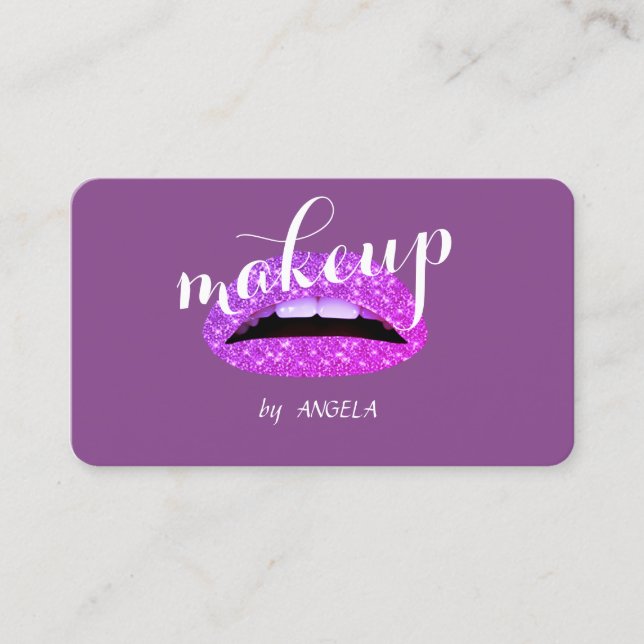 Modern Elegant Glamourous Violet Glittery Lips Business Card (Front)