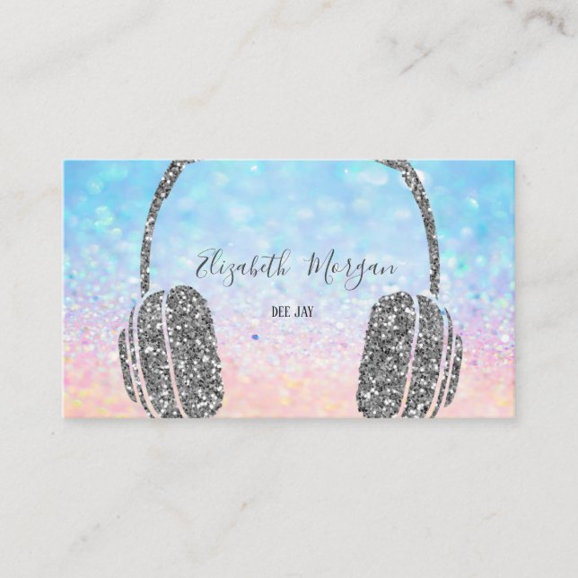 Modern Elegant Glitter Bokeh Silver Headphone DJ Business Card (Front)