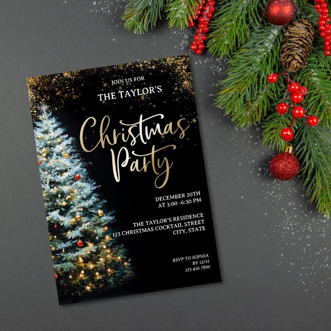 Modern Elegant Glitter Christmas Tree Party Invitation (watercolor christmas tree with black background gold details party invitation)