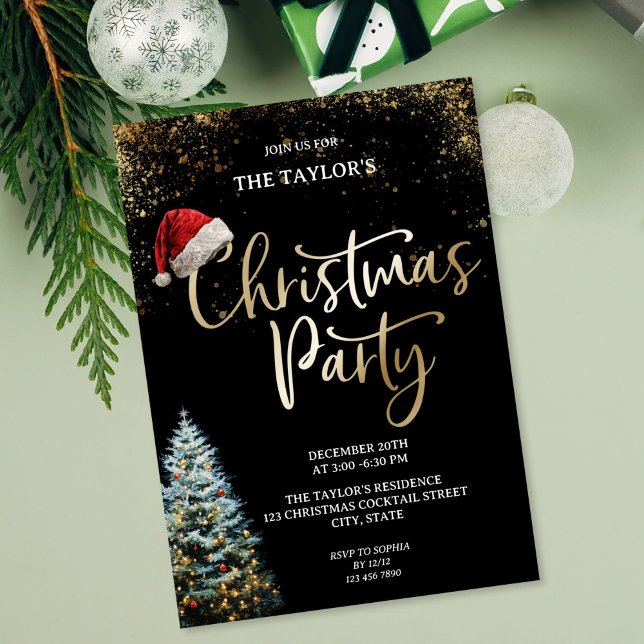 Modern Elegant Glitter Christmas Tree Party Invitation (Modern Elegant Glitter Christmas Tree Party Invitation with gold writing and santa's cap)