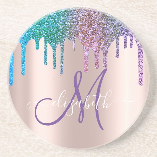 Modern Elegant Glitter Drips Rose Gold  Monogram  Coaster (Front)