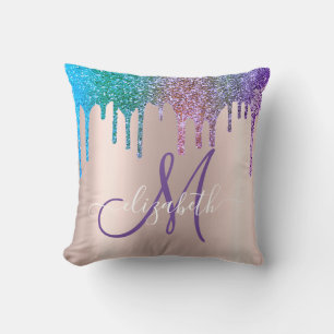 Modern Elegant Glitter Drips Rose Gold  Monogram Cushion