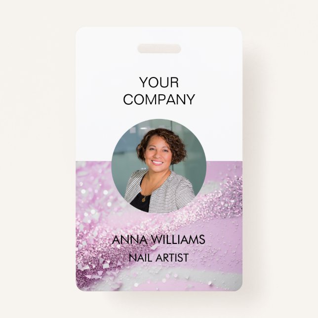 Modern, elegant, glitter employee round Photo ID ID Badge (Front)
