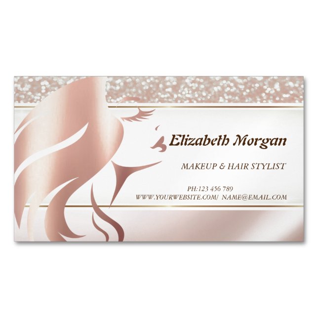 Modern Elegant Glitter, Girl Face Silhouette Magnetic Business Card (Front)