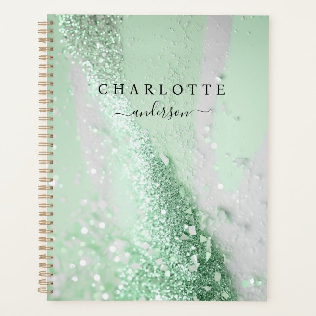 Modern, elegant, glitter, green-silver planner (Front)