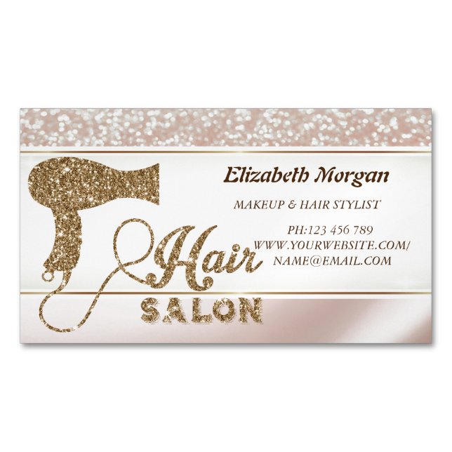 Modern Elegant Glitter Hairdryer Magnetic Business Card (Front)